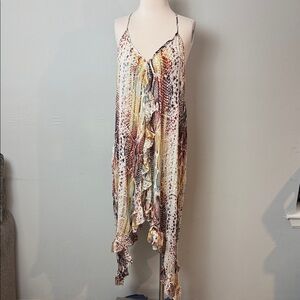 Olivaceous Cream, Brown & Yellow Patterned Ruffle Tank Dress ~ Large